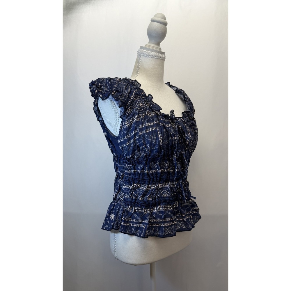 Floral Ruffle Sleeve Peplum Top Square Neck Smocked Back Size L Shein Navy‎ Blue